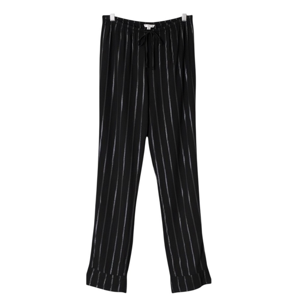 VICTORIA'S SECRET Black Pajama Pants METALLIC SILVER STRIPES Drawstring SIZE S
